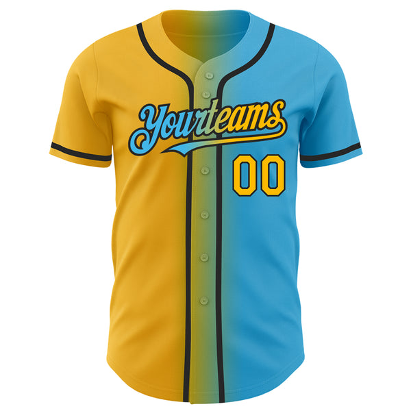 Custom Sky Blue Gold-Black Authentic Gradient Fashion Baseball Jersey