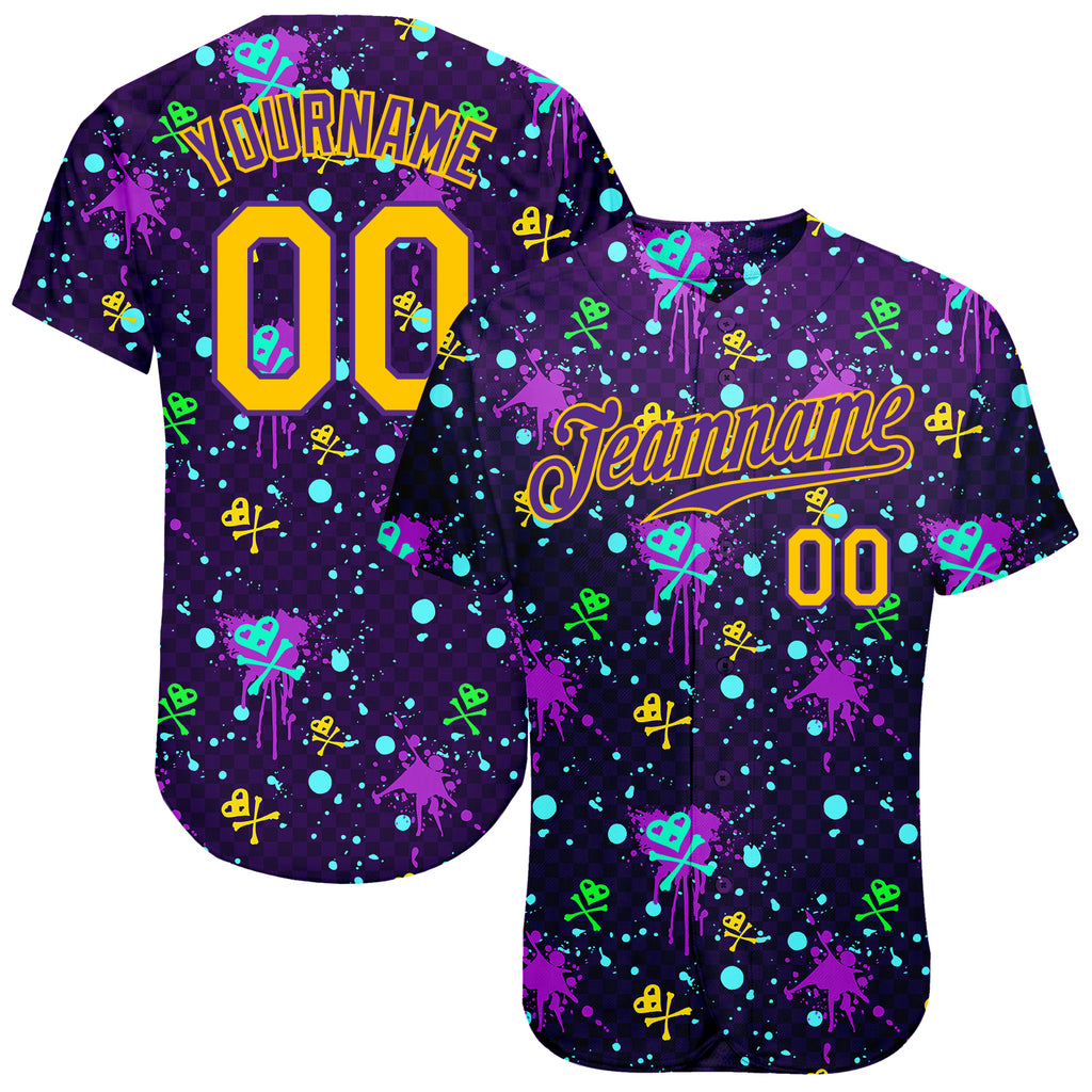 Custom Graffiti Pattern Gold-Purple 3D Clashing Colors Paint-Splatter Authentic Baseball Jersey