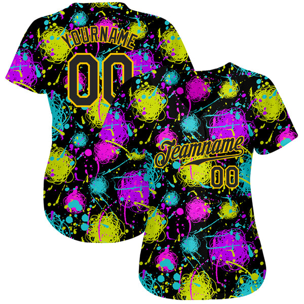 Custom Graffiti Pattern Black-Gold 3D Neon Splatter Authentic Baseball Jersey