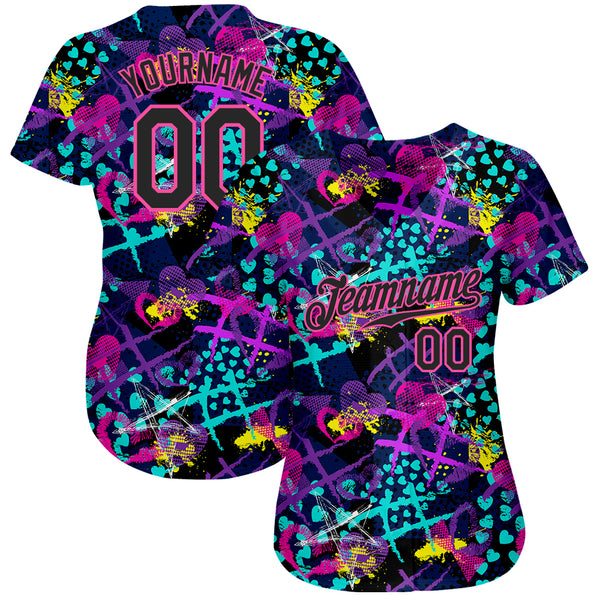 Custom Graffiti Pattern Black-Pink 3D Creative Hearts Stars Geometric Figures Authentic Baseball Jersey