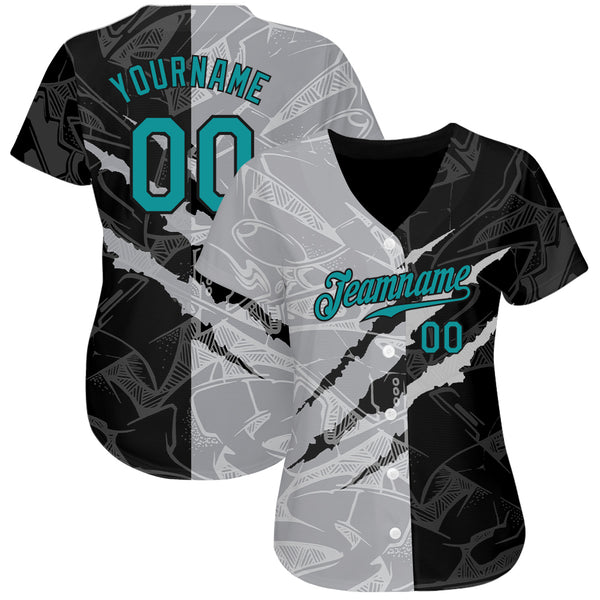 Custom Graffiti Pattern Teal Gray-Black 3D Scratch Authentic Baseball Jersey