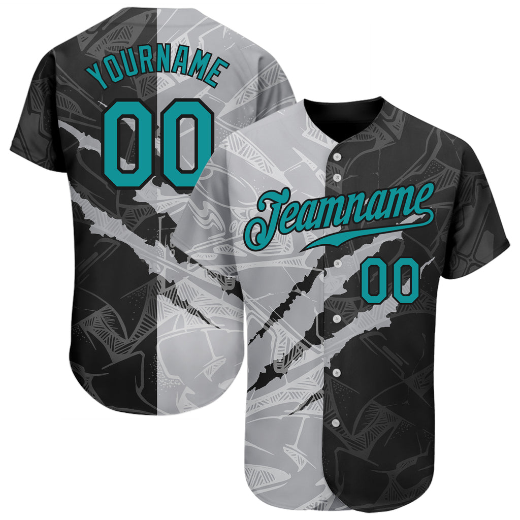 Custom Graffiti Pattern Teal Gray-Black 3D Scratch Authentic Baseball Jersey