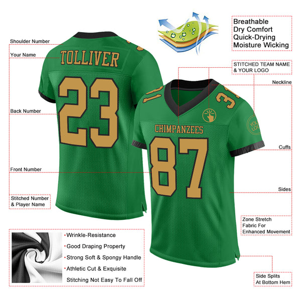 Custom Grass Green Old Gold-Black Mesh Authentic Football Jersey