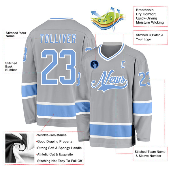 Custom Gray Light Blue-White Hockey Jersey