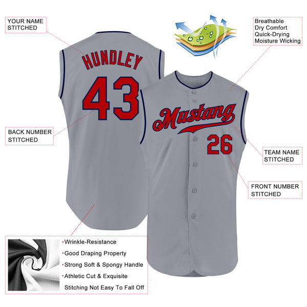 Custom Gray Red-Navy Authentic Sleeveless Baseball Jersey