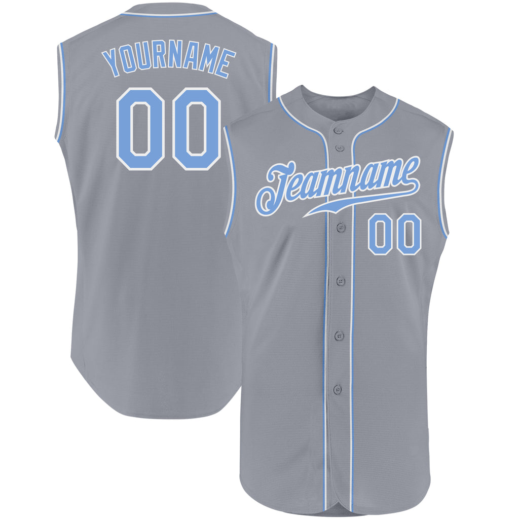 Custom Gray Light Blue-White Authentic Sleeveless Baseball Jersey