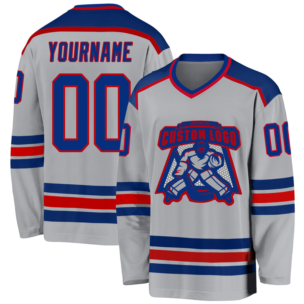 Custom Gray Royal-Red Hockey Jersey