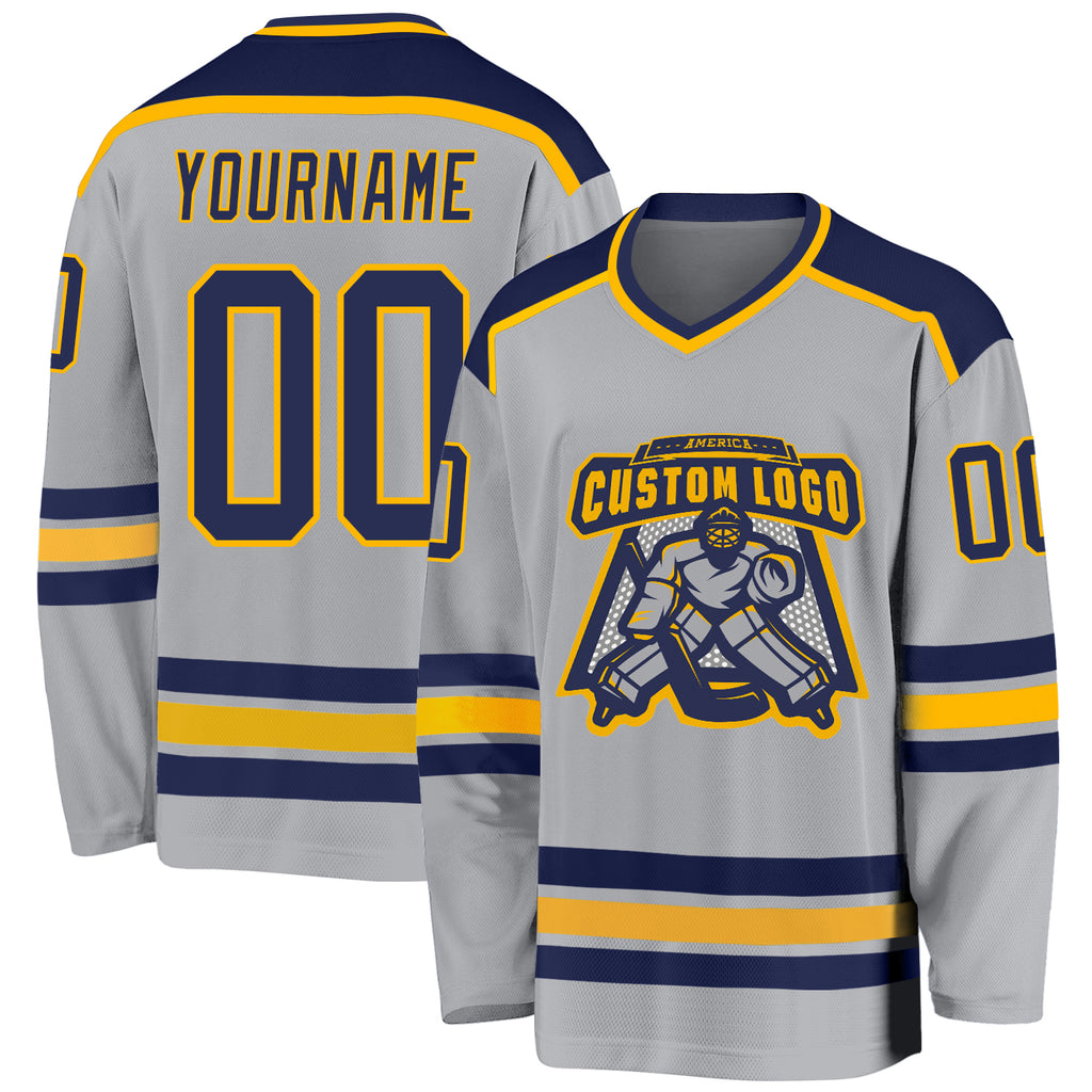 Custom Gray Navy-Gold Hockey Jersey