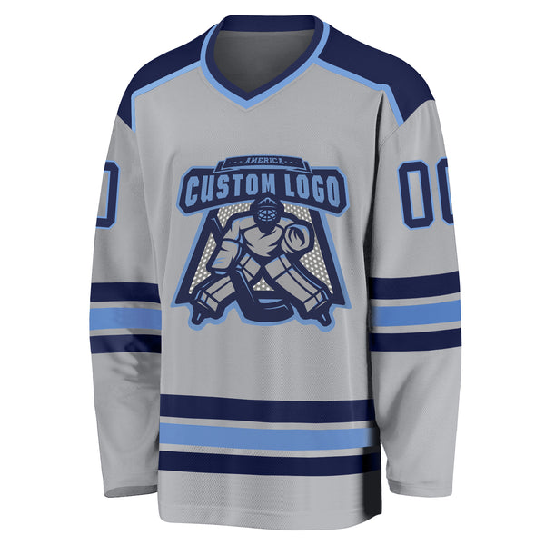 Custom Gray Navy-Light Blue Hockey Jersey
