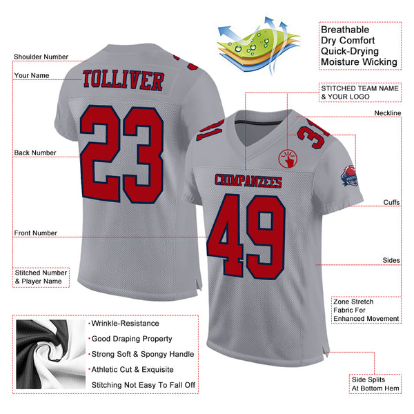 Custom Gray Red-Navy Mesh Authentic Football Jersey