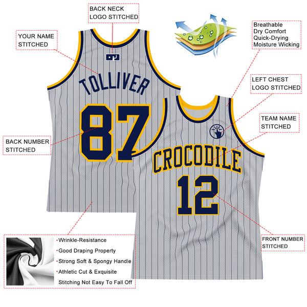 Custom Gray Navy Pinstripe Navy-Gold Authentic Basketball Jersey