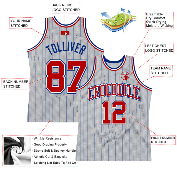 Custom Gray Royal Pinstripe Red-White Authentic Basketball Jersey