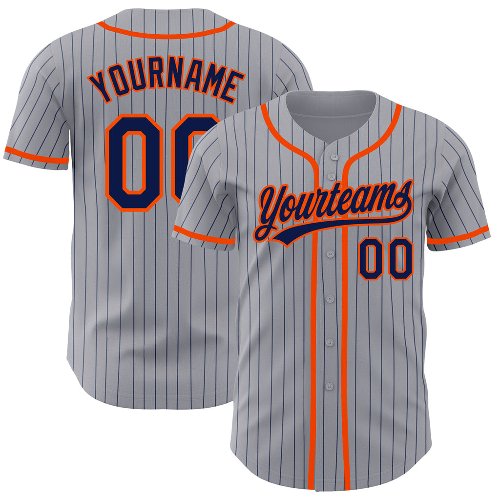 Custom Gray Navy Pinstripe Orange Authentic Baseball Jersey