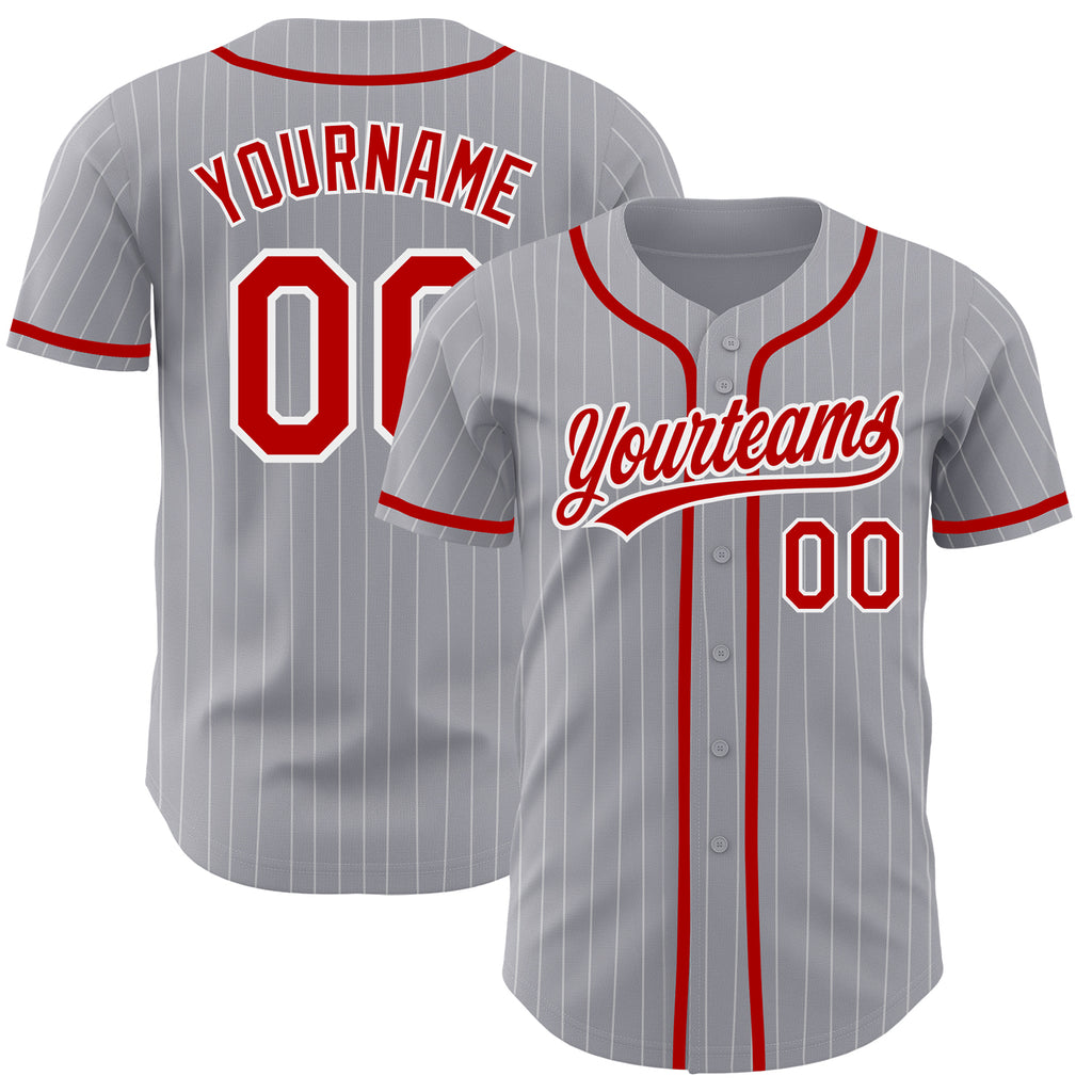 Custom Gray White Pinstripe Red Authentic Baseball Jersey