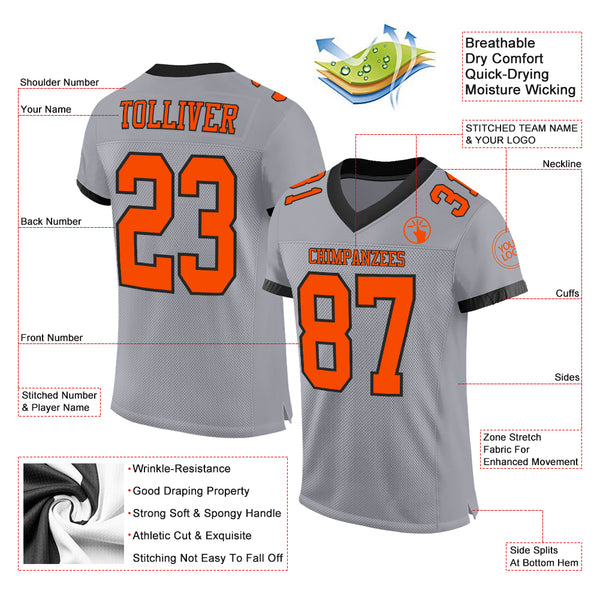Custom Gray Orange-Black Mesh Authentic Football Jersey