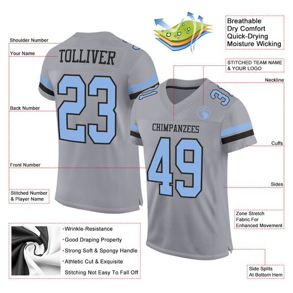 Custom Gray Light Blue-Black Mesh Authentic Football Jersey