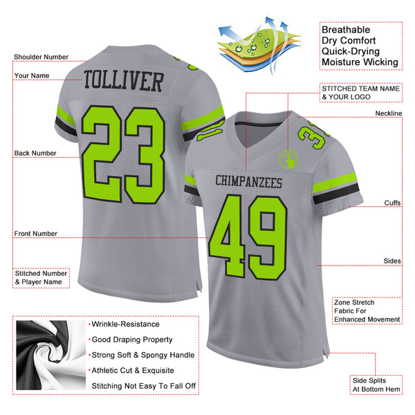 Custom Gray Neon Green-Black Mesh Authentic Football Jersey