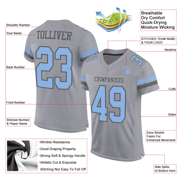 Custom Gray Light Blue-Steel Gray Mesh Authentic Football Jersey