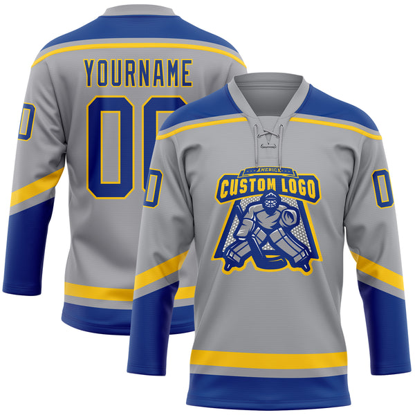 Custom Gray Royal-Yellow Hockey Lace Neck Jersey