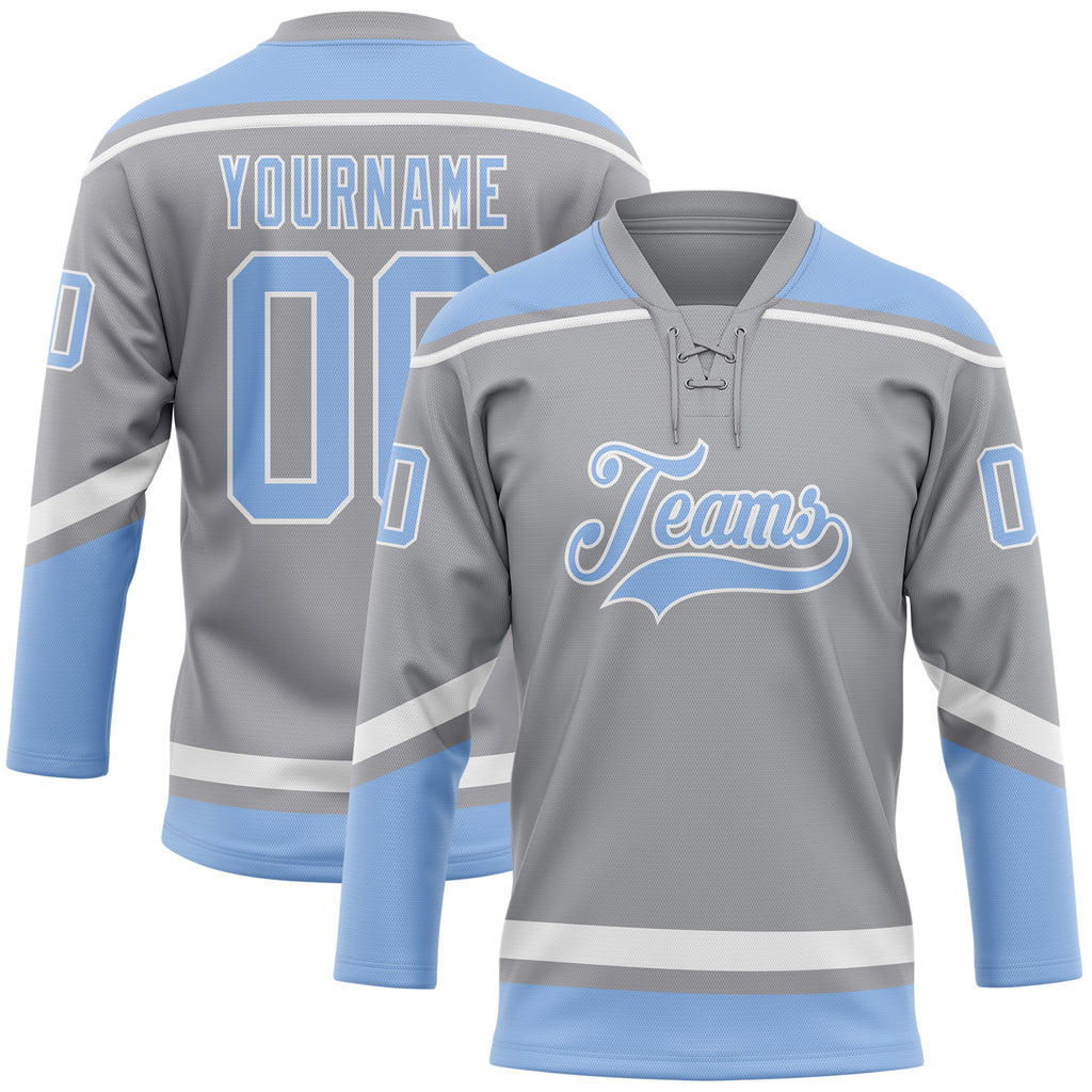 Custom Gray Light Blue-White Hockey Lace Neck Jersey