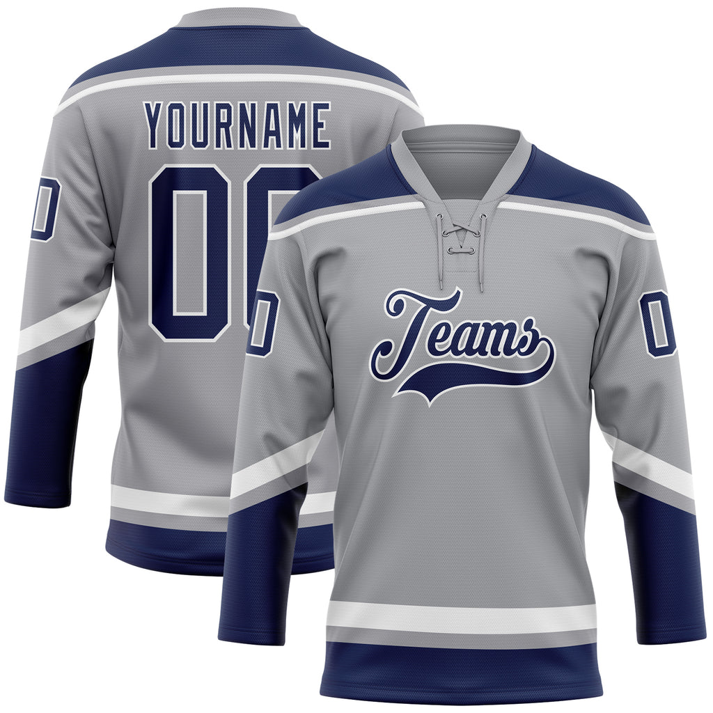 Custom Gray Navy-White Hockey Lace Neck Jersey