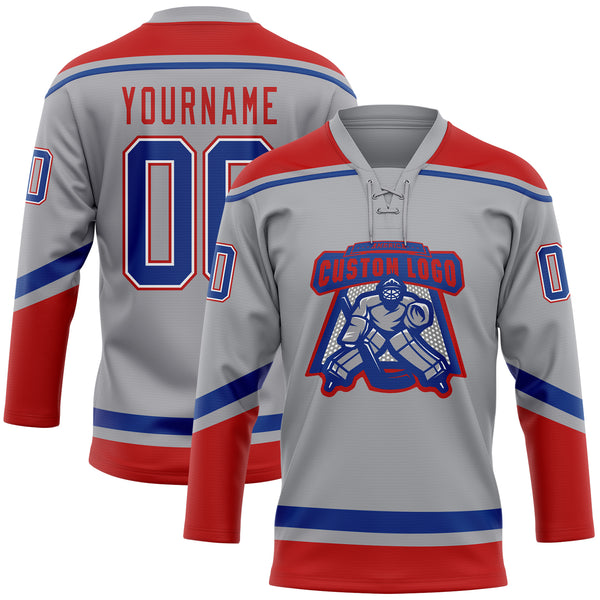 Custom Gray Royal-Red Hockey Lace Neck Jersey