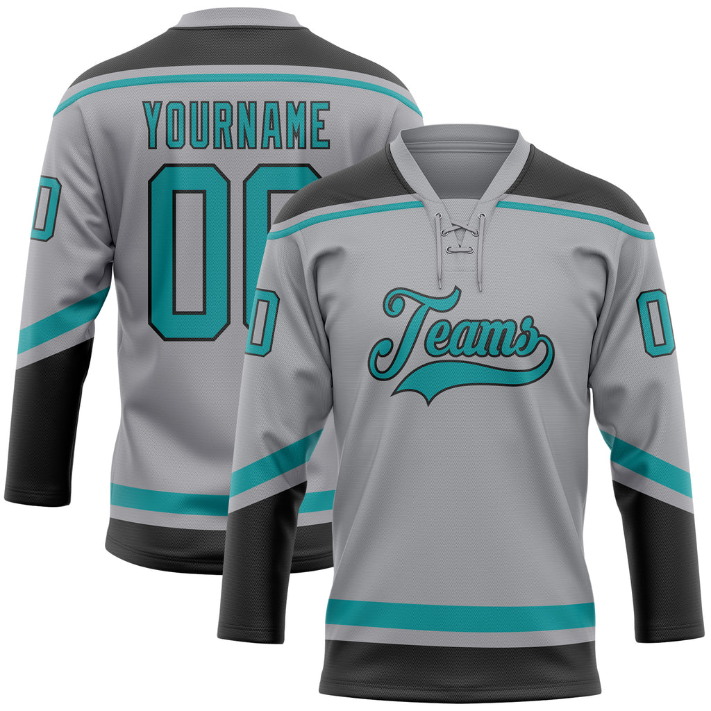 Custom Gray Teal-Black Hockey Lace Neck Jersey