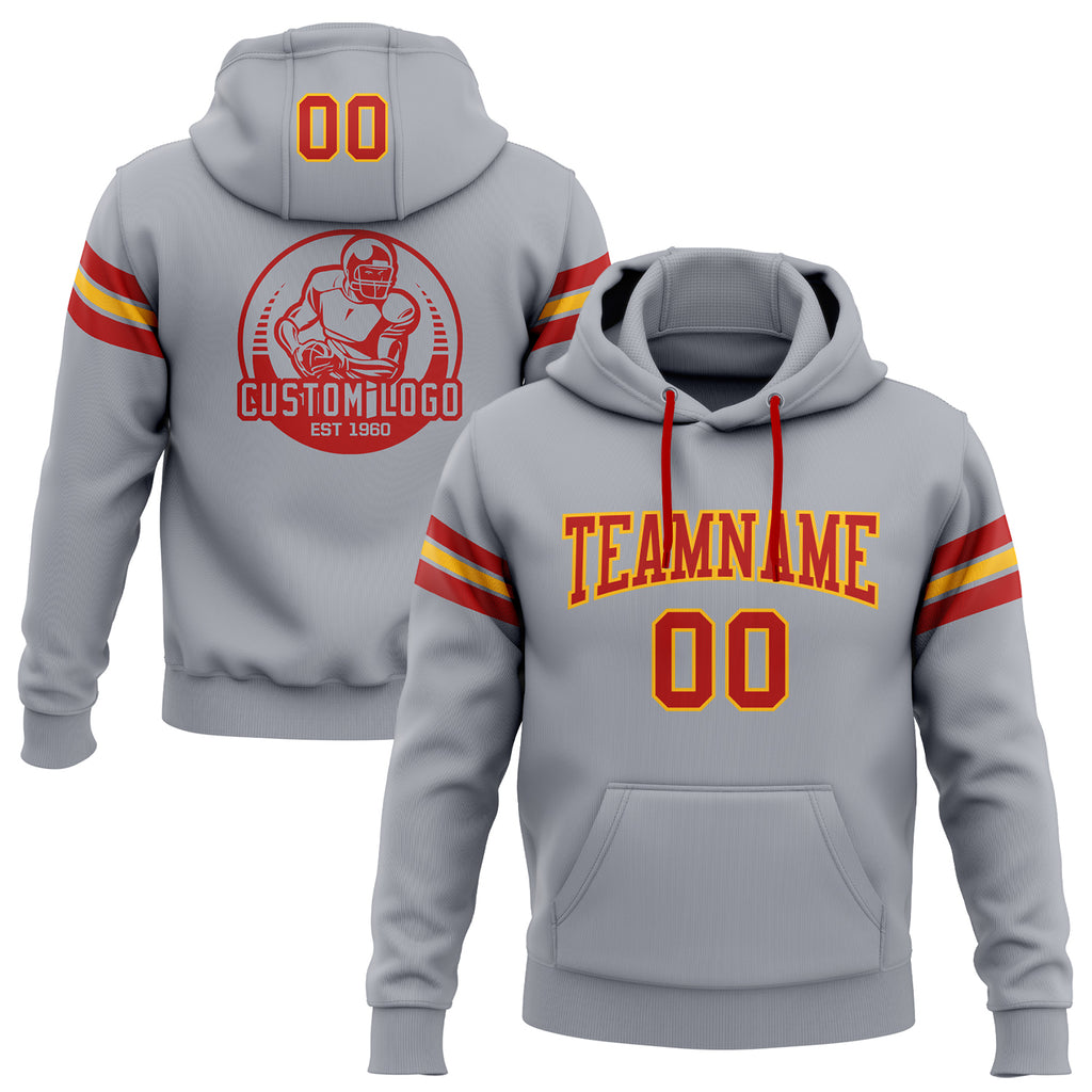 Custom Stitched Gray Red-Gold Football Pullover Sweatshirt Hoodie