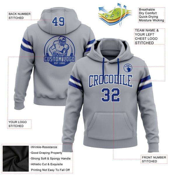 Custom Stitched Gray Royal-White Football Pullover Sweatshirt Hoodie