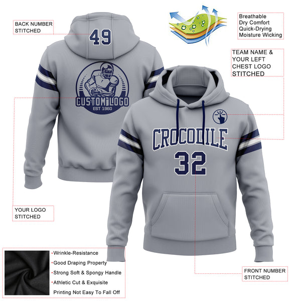 Custom Stitched Gray Navy-White Football Pullover Sweatshirt Hoodie