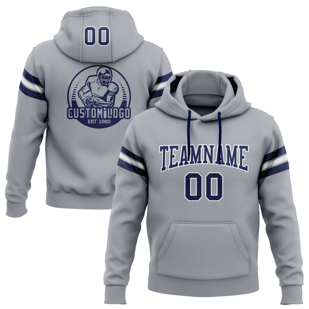 Custom Stitched Gray Navy-White Football Pullover Sweatshirt Hoodie