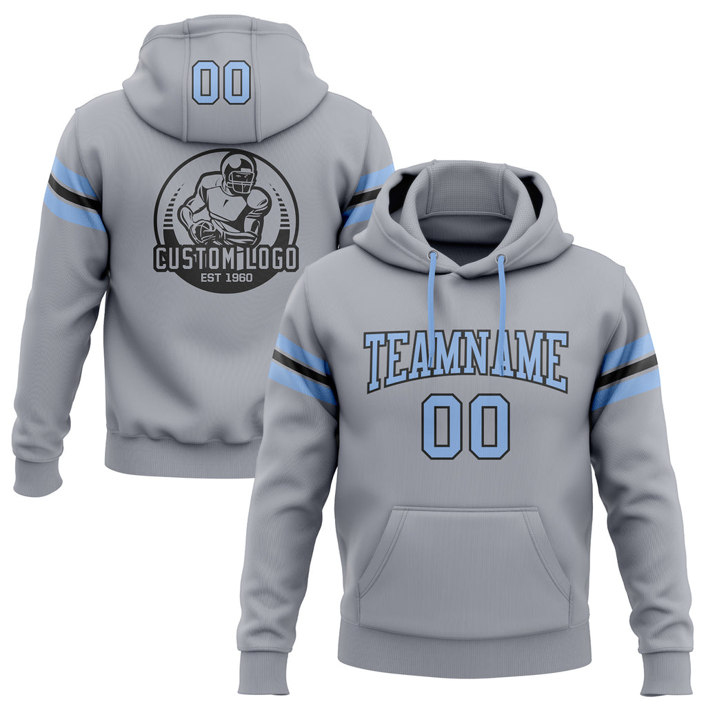 Custom Stitched Gray Light Blue-Black Football Pullover Sweatshirt Hoodie