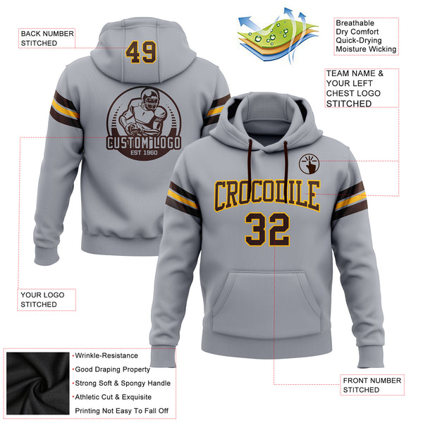 Custom Stitched Gray Brown-Gold Football Pullover Sweatshirt Hoodie