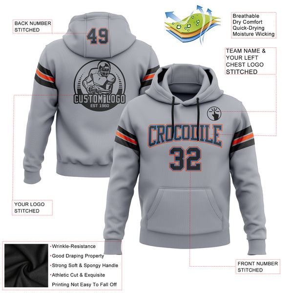 Custom Stitched Gray Black Electric Blue-Orange Football Pullover Sweatshirt Hoodie