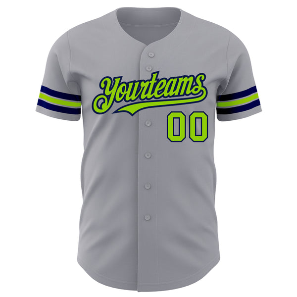 Custom Gray Neon Green-Navy Authentic Baseball Jersey