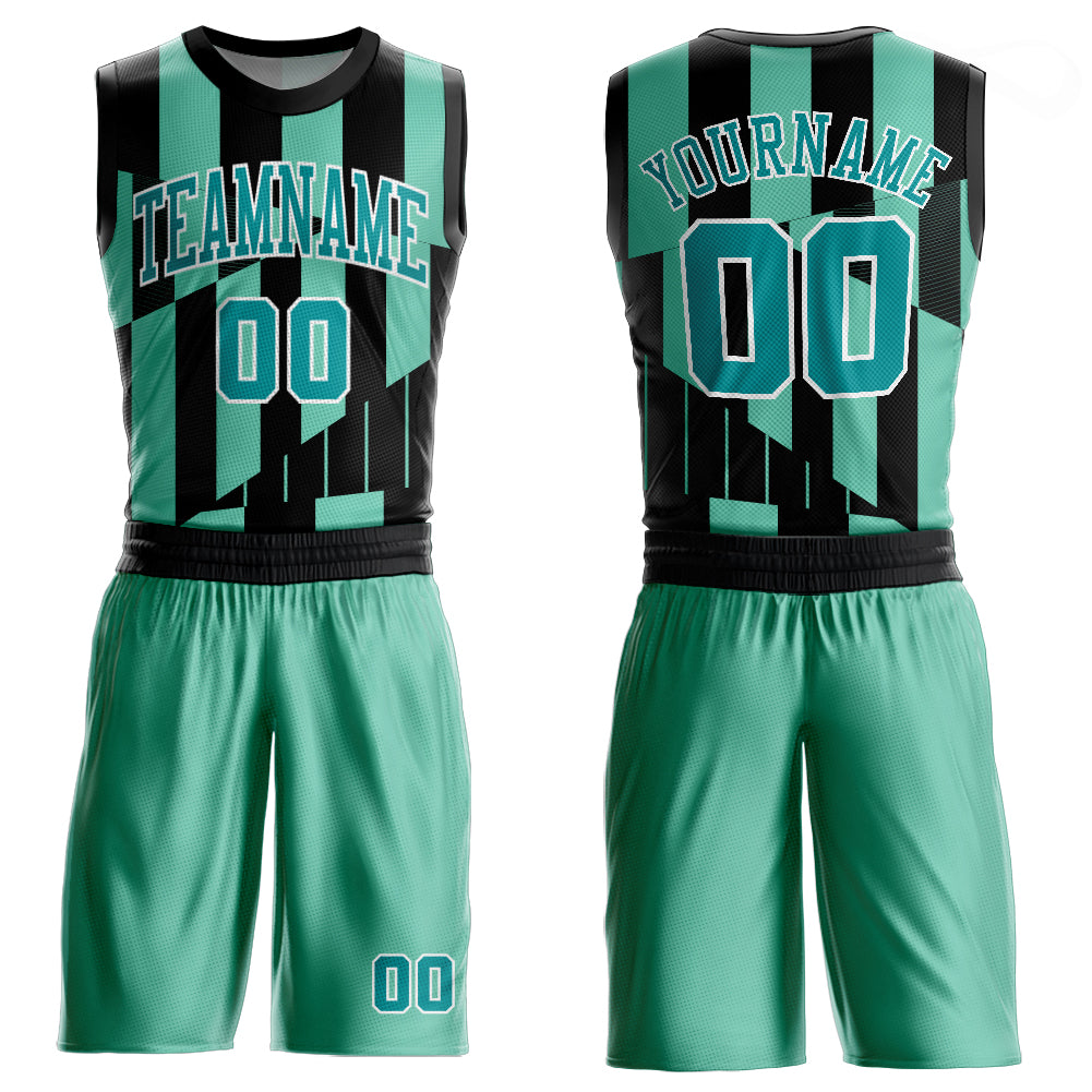 Custom Green Aqua-Black Round Neck Sublimation Basketball Suit Jersey