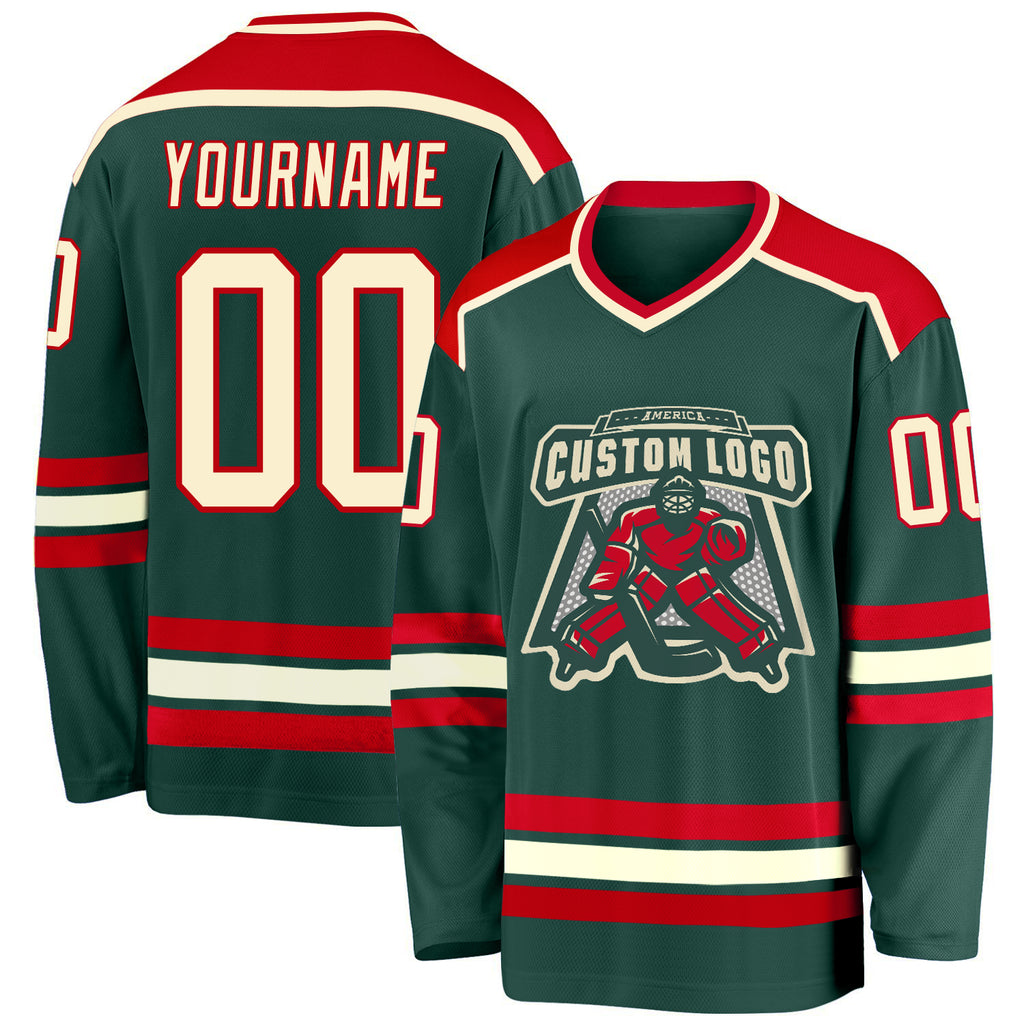 Custom Green Cream-Red Hockey Jersey