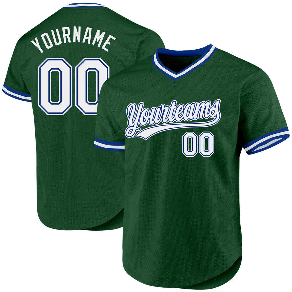 Custom Green White-Royal Authentic Throwback Baseball Jersey