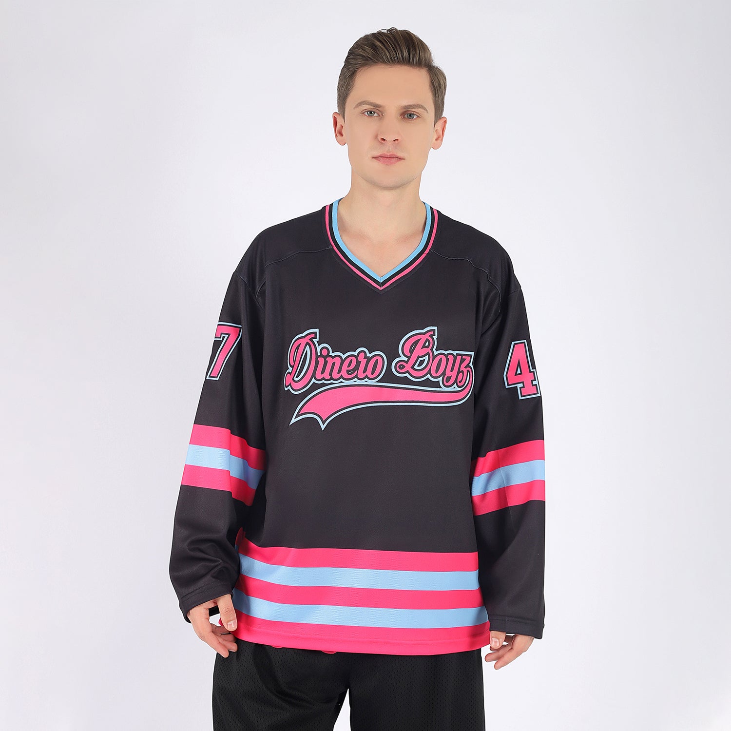 Custom Black Pink-Light Blue Hockey Jersey