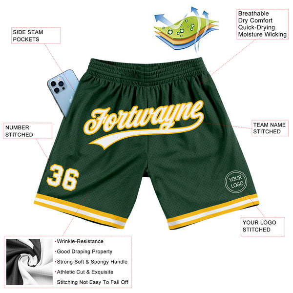 Custom Hunter Green White-Gold Authentic Throwback Basketball Shorts