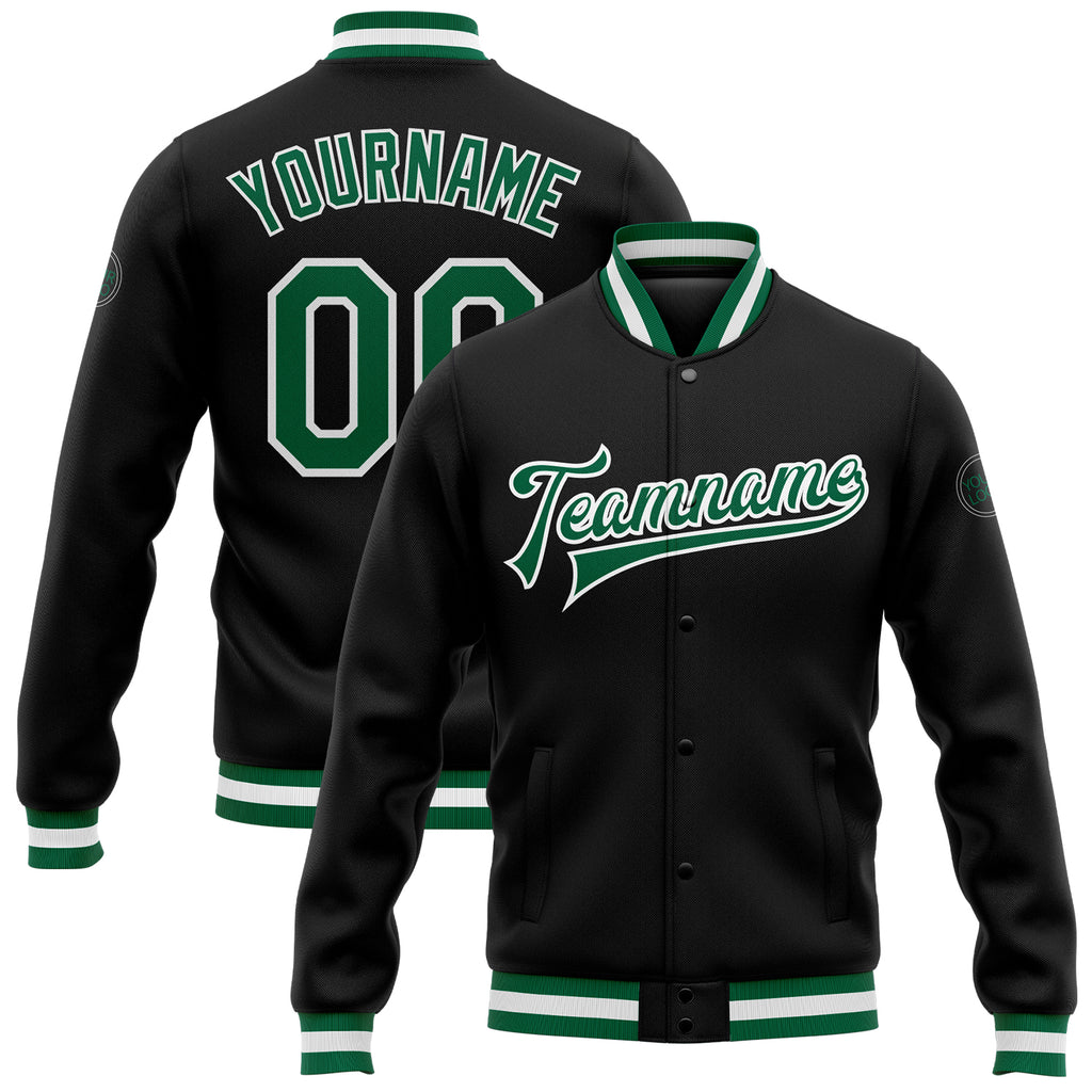 Custom Black Kelly Green-White Bomber Full-Snap Varsity Letterman Jacket