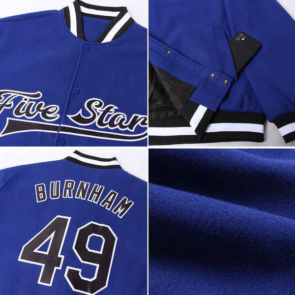 Custom Royal Black-White Bomber Full-Snap Varsity Letterman Jacket