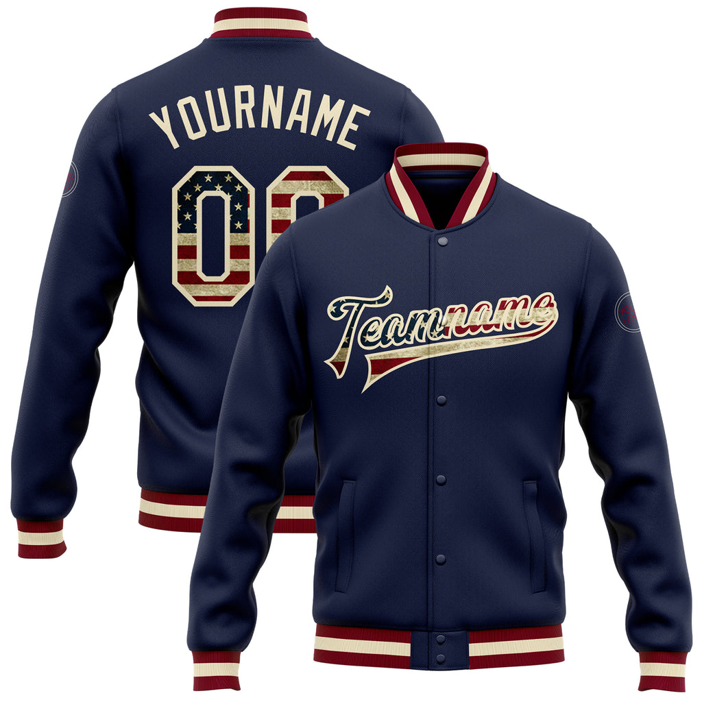 Custom Navy Vintage USA Flag-Cream Bomber Full-Snap Varsity Letterman Jacket