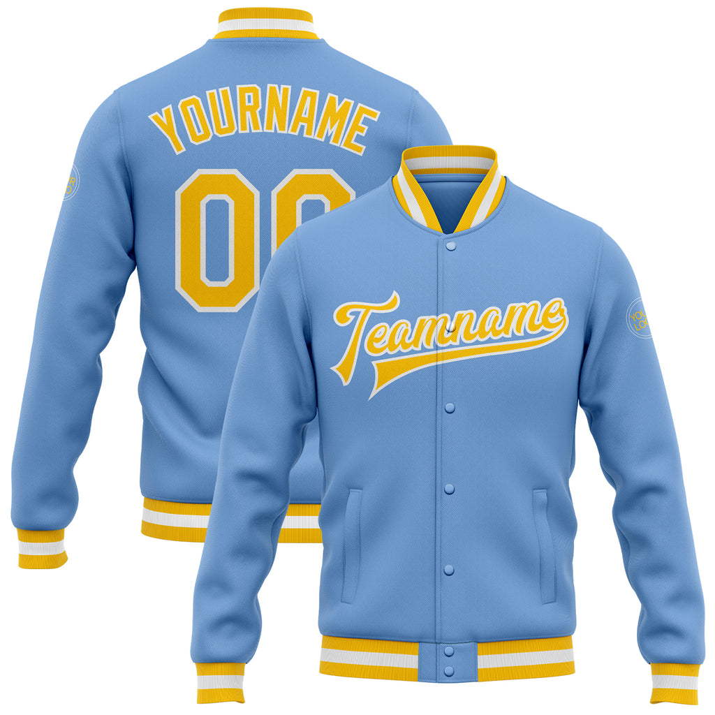 Custom Light Blue Gold-White Bomber Full-Snap Varsity Letterman Jacket