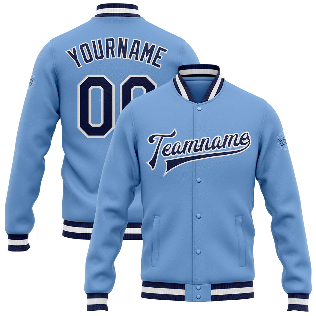 Custom Light Blue Navy-White Bomber Full-Snap Varsity Letterman Jacket