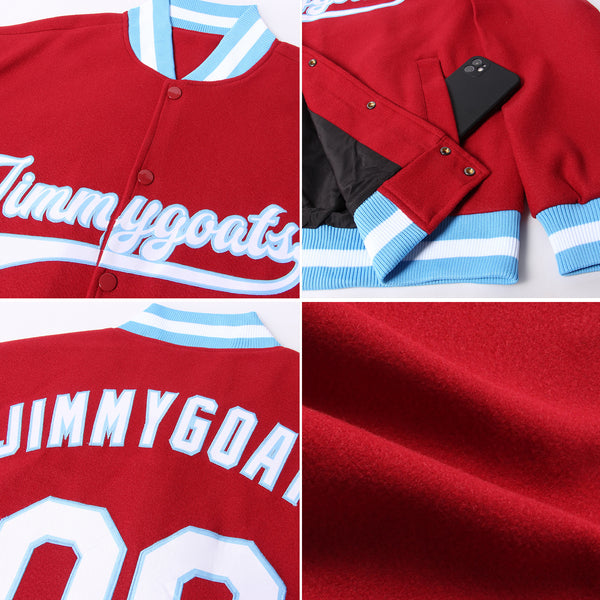 Custom Crimson White-Light Blue Bomber Full-Snap Varsity Letterman Jacket