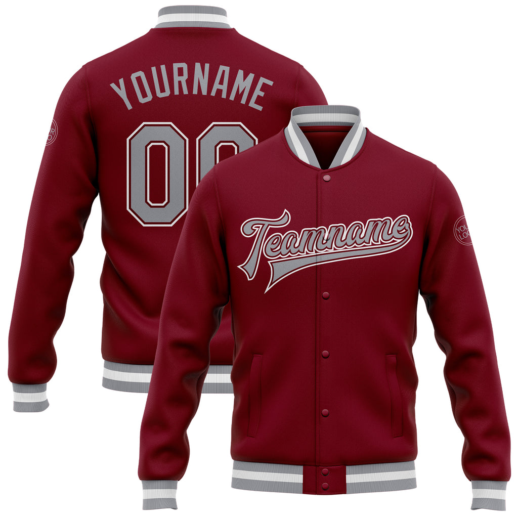 Custom Crimson Gray-White Bomber Full-Snap Varsity Letterman Jacket