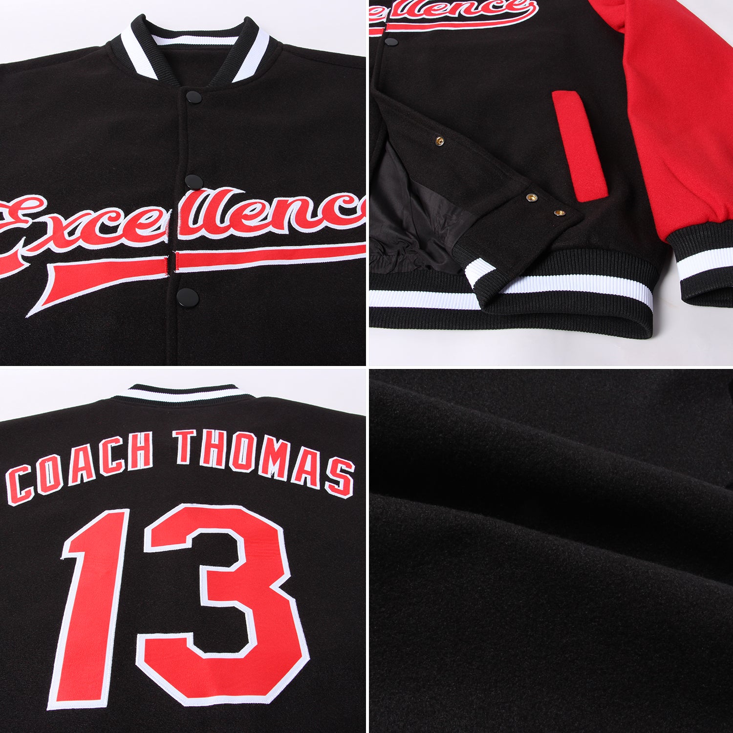 Custom Black Red-White Bomber Full-Snap Varsity Letterman Two Tone Jacket