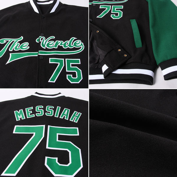 Custom Black Kelly Green-White Bomber Full-Snap Varsity Letterman Two Tone Jacket