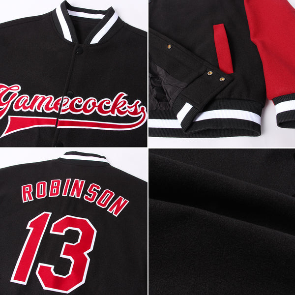 Custom Black Crimson-White Bomber Full-Snap Varsity Letterman Two Tone Jacket